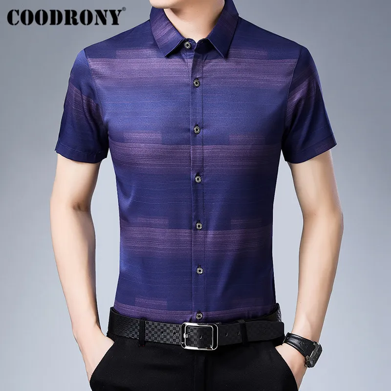 COODRONY Social деловые повседневные рубашки Camisa Masculina летняя крутая Мужская рубашка с коротким рукавом модная полосатая Мужская рубашка S96025 - Цвет: Тёмно-синий