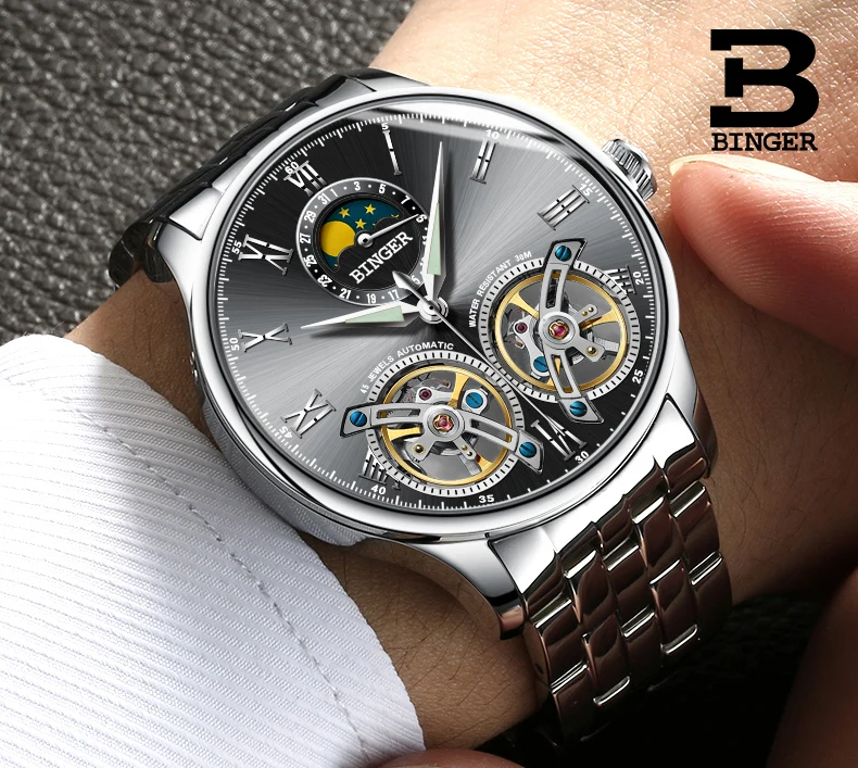 Двойной Tourbillon, швейцарские мужские часы, BINGER, оригинальные автоматические часы, мужские Модные механические наручные часы, кожаные часы