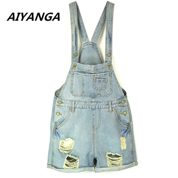 

Jumpsuit Denim Overalls For Women 2018 Chic Style Summer Blue Strap Ripped Hole Pockets Casual Short Denim Jeans Jumpsuits