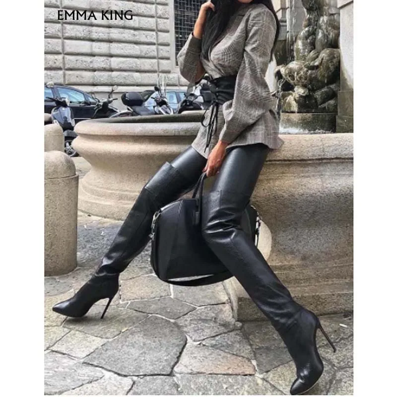 

Elegant Fashion PU Pointed Toe Stiletto Boots Thin-heeled Zip Botas Mujer Trendy Shoes Woman Heels Ladies Shoes Thigh High Boots