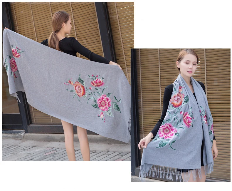 Кашемировый шарф с вышивкой, зимняя женская шаль с цветочным принтом, хиджаб, цветы, толстые шарфы, длинные шали, размер 200*70 см