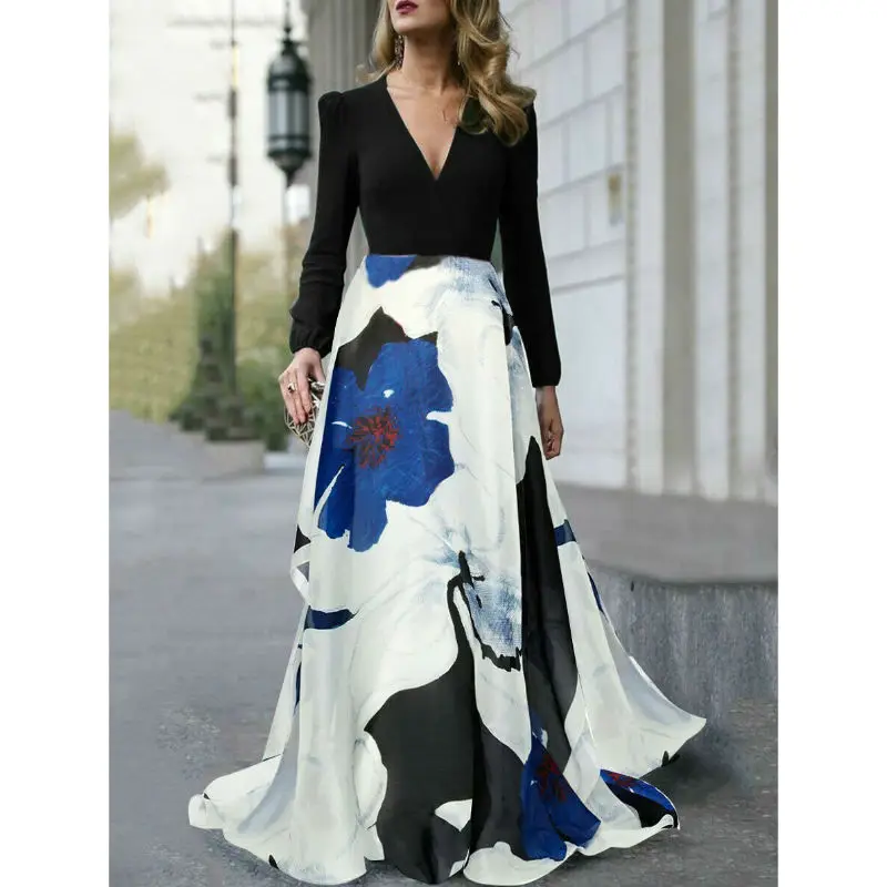 

Women Boho Floral Long Dress Lady Party Beach Dress V-neck Full Sleeves Summer Dress
