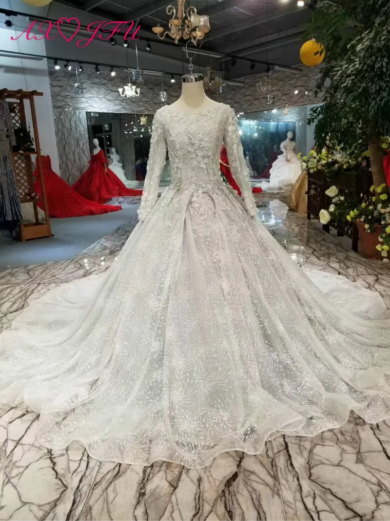 AXJFU Роскошная принцесса серый цветок свадебное платье Винтаж Турция О образным вырезом бисер серое кружевное свадебное платье 100%