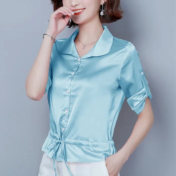 

Korean Fashion Silk Women Blouses Satin Turn-down Collar Pink Women Shirts Plus Size XXXL/4XL Blusas Femininas Elegante