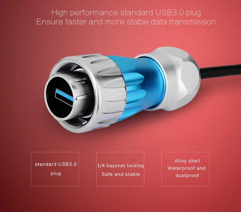 1/4 Bayonet Connecting USB3.0 Metal Shell Waterproof Data Connector IP67 Connector USB Panel Mount Plug with 0.5M Cable