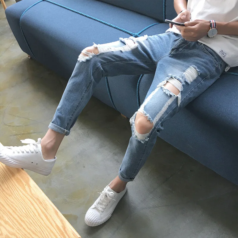

Knee Big Hole Jeans Men Trendy Slim Pencil Pants Light Blue Nine Pants 2019 Spring Summer Ankle Length Pants Denim Trousers