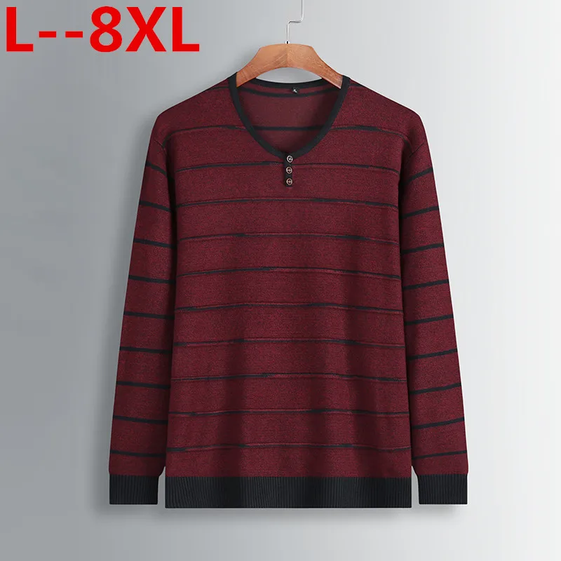 Плюс 8XL 6XL 5XL 4XL 2018 осенью новый полосатый свитер Для мужчин контраст Цвет Slim Fit 100% хлопок v-образным вырезом плюс Размеры трикотажные пуловеры