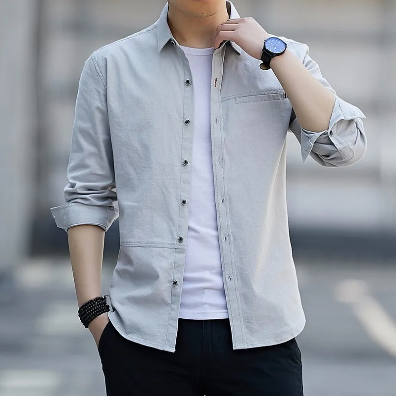 Рубашки модный бренд Camisa Masculina рубашка с длинными рукавами для мужчин корейский тонкий дизайн формальная повседневная мужская рубашка уличная 4XL - Цвет: light gray