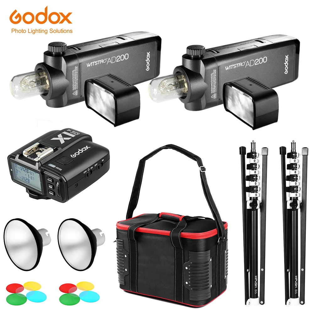 

2x GODOX AD200 TTL High Speed Sync Flash Strobe Built-in 2.4G Wireless + 2x Light Stand + 2x AD-M Standard Reflector + Carry Bag