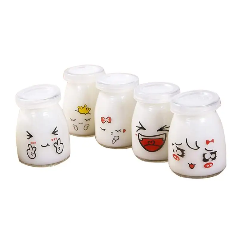 

5pcs 150ml Cute Face Pudding Bottle Glass Heat-resistant Yogurt Containers Milk Cup Jelly Jar (Random Pattern)