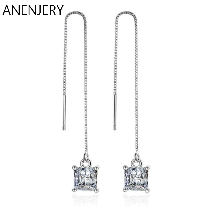 

925 Sterling Silver Jewelry Luxury Temperament Square Sparkling Zirconia Box Chain Long Earrings Line brincos For Women S-E109