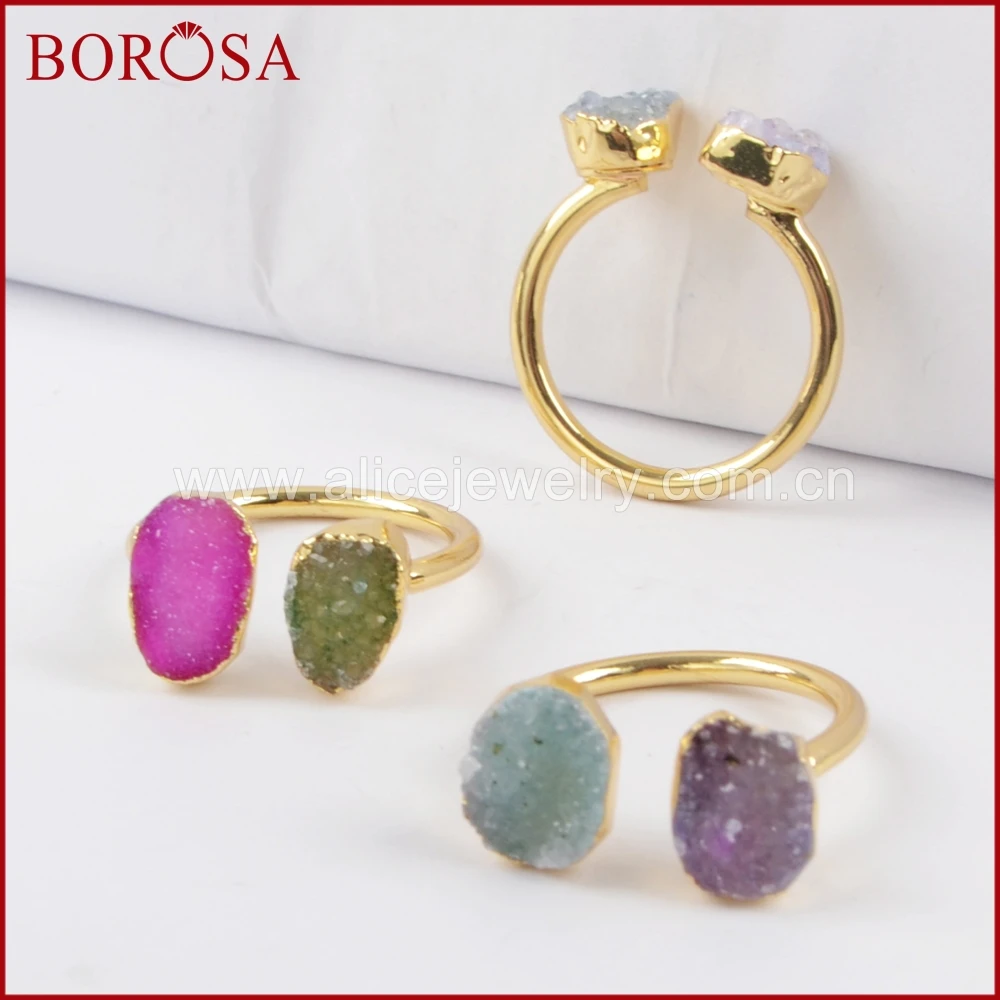 BOROSA 10 шт Новое прибытие двойное Druzy кольцо для женщин смешанные цвета золотой