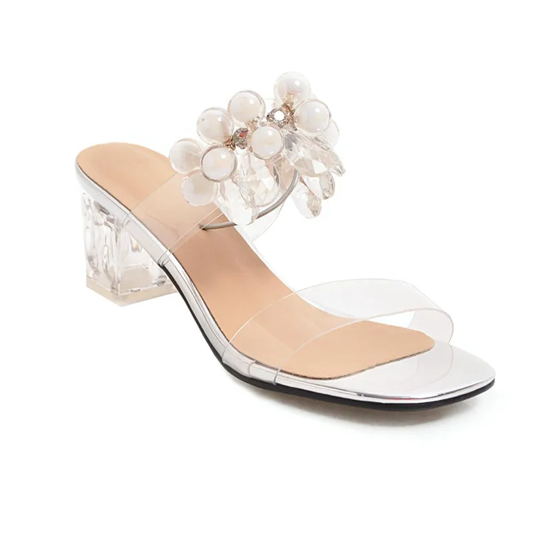 MORAZORA/ г.; прозрачные туфли на высоком каблуке из ПВХ; женские шлепанцы; Летняя обувь с бисером; прозрачные уникальные женские модельные туфли для вечеринки