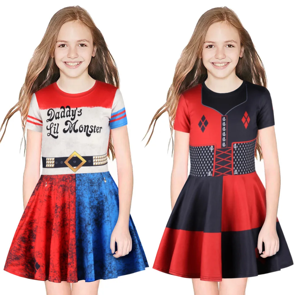 

2019 Kids Suicide Squad Harley Quinn Cosplay Dress Clown Girl Sorcerer Uniform Child Girls Halloween Party Princess Dress Gifts