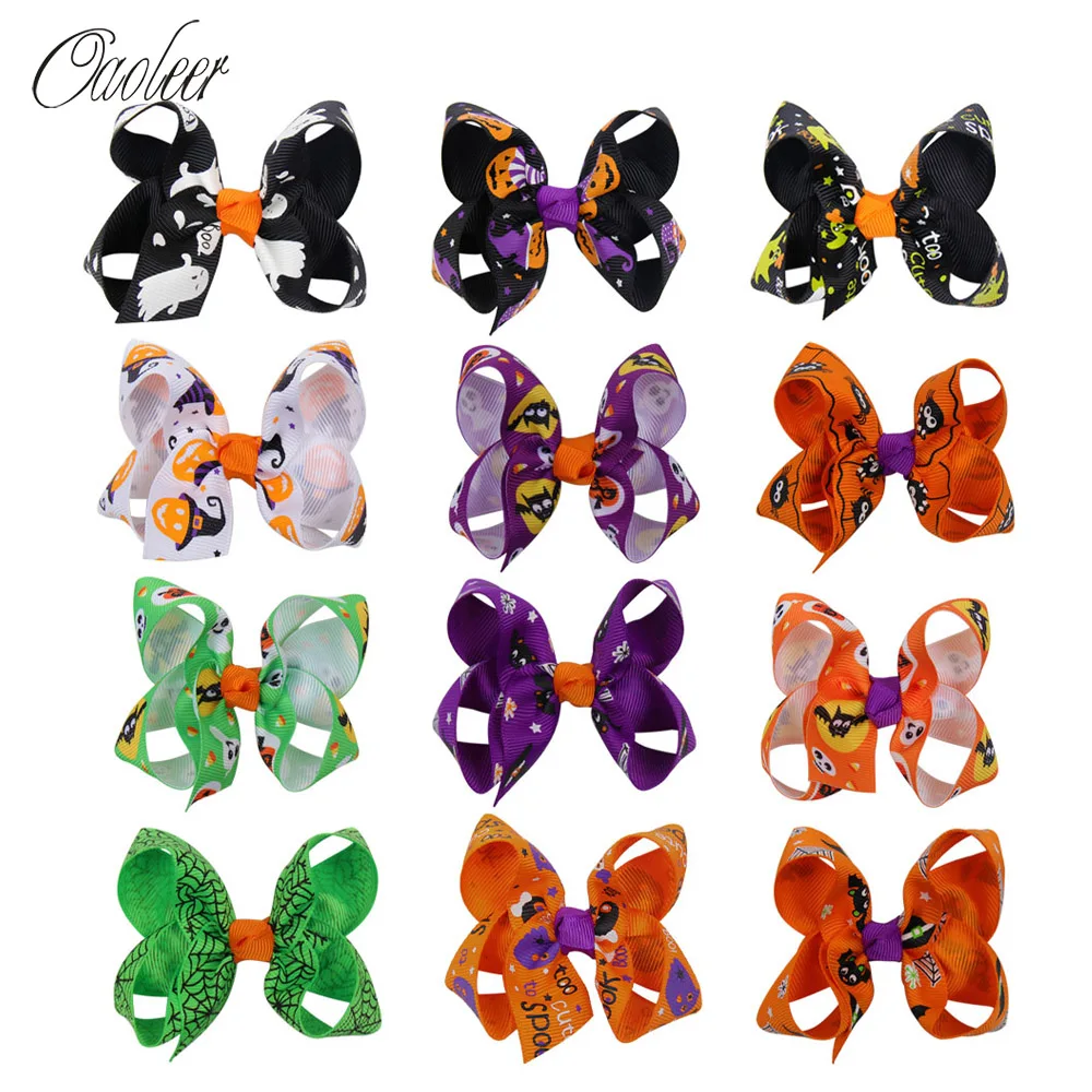 

12 Pcs/Lot 3'' Halloween Hair Bows for Girls Pumpkin Printed Ribbon Hairbows Halloween Hairgrips Hair Accessories