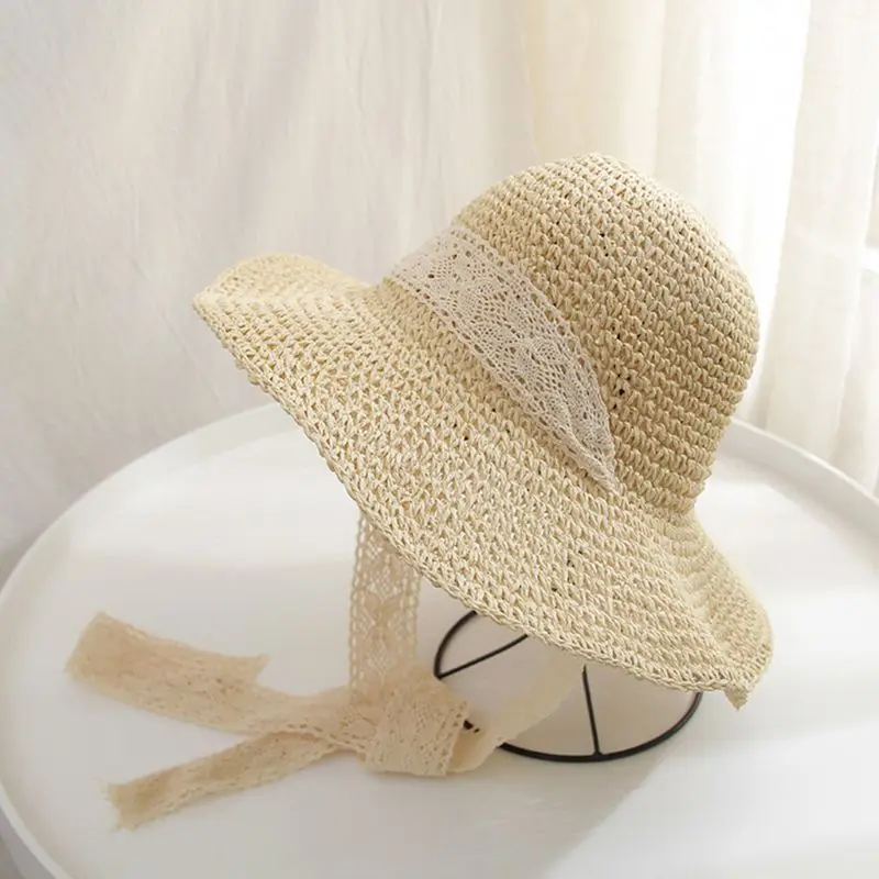 اليابانية الأدبية الفتيات الصيف القش نسج الصياد قبعة الكروشيه طويل الأزهار شريطة من الدانتيل واسعة بريم طوي Sunproof لل شاطئ كاب