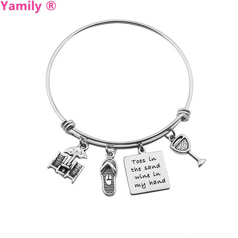 Yamily Toes in the Sand Wine My Hand Charm pendant bangle Stainless Steel Expandable Beach In Bracelet | Украшения и аксессуары