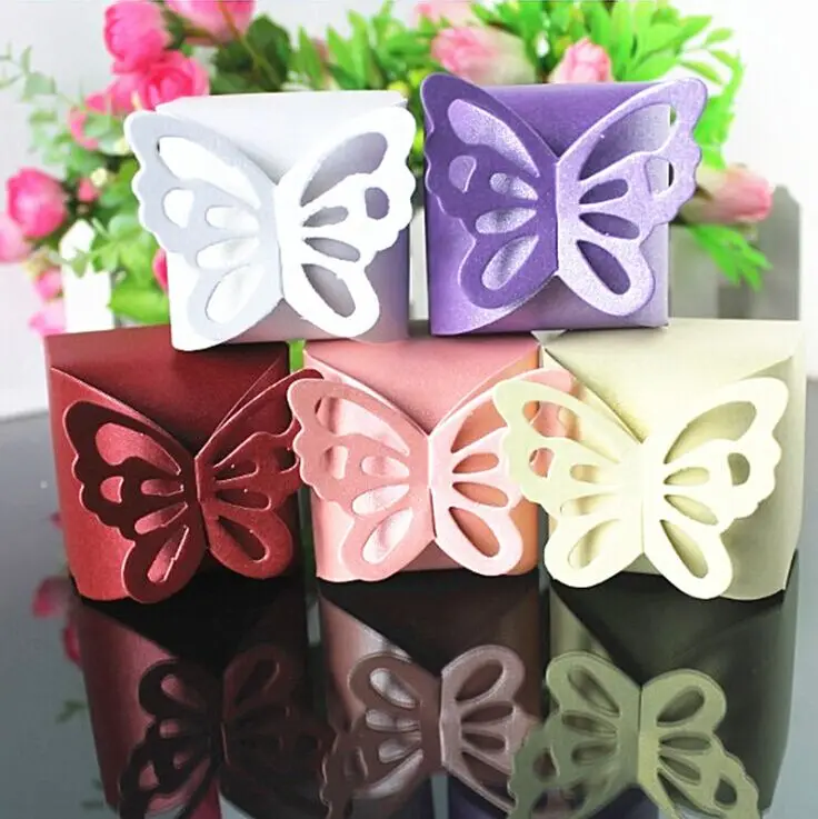 

50pcs pure color paper candy boxs Butterfly favor candy box for wedding party Baby Shower Favors high quality free shipping