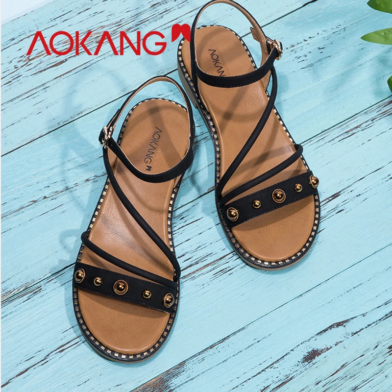 

AOKANG 2019 Summer sandals woman shoes Ladies Shoes Low Heel sandals Rivet Ankle Strap shoes woemn Gladitor sandals