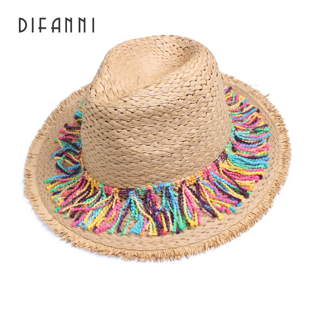 

[DIFANNI] Women Summer Raffia Straw Hats Ladies Elegant Beach Sun Hats Wide Brim UV Protection Casquette With colorful Tassel