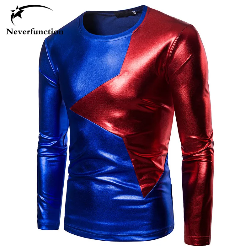 

Fashion gold silver stitching Men Slim T-shirt Hip-hop nightclub stage performance Streetwear Long sleeve Homme Casual T shirt