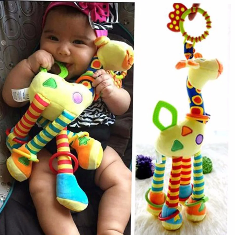 

Plush Infant Baby Development Soft Giraffe Animal Hand bells Rattles Handle Toys Hot Selling WIth Teether Baby Toy