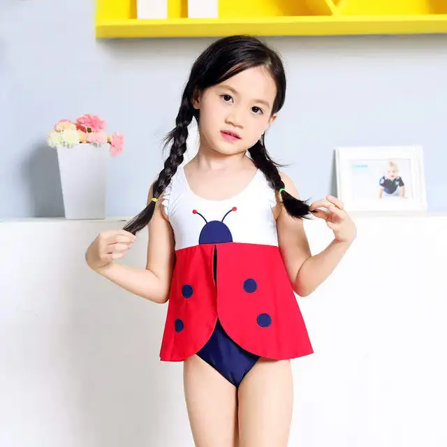 Special Offers Swimsuit for baby girls Beach kids Cartoon Coccinella septempunctata Children's Sleeveless swimwear with Cute Swimming Cap