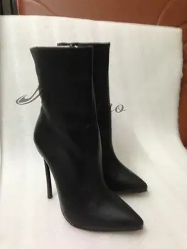 

Best selling Short Ankle Boots Leather Black Pointed Toe Women Motorcycle Boots Shoes High Heels Shoes