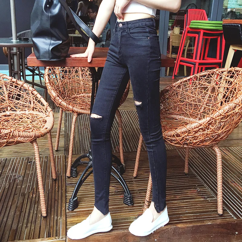 Рваные Высокая Талия Для женщин женские Стрейчевые джинсы-скини джинсовые зауженные джинсы ботильоны с пуговицами-Длина брюки