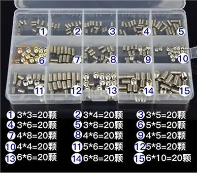 

300Pcs a Set M3 M4 M5 M6 Mix 304 Stainless Steel Screws Groove End Hex Socket