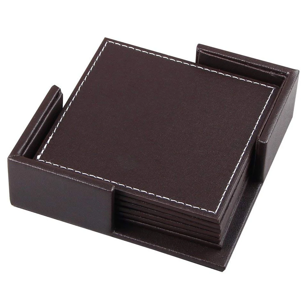 Coasters For Drinks Leather Set With Holder Of 6 Protect Furniture From Water Marks Scratch And Damage (Sqaure Br | Дом и сад