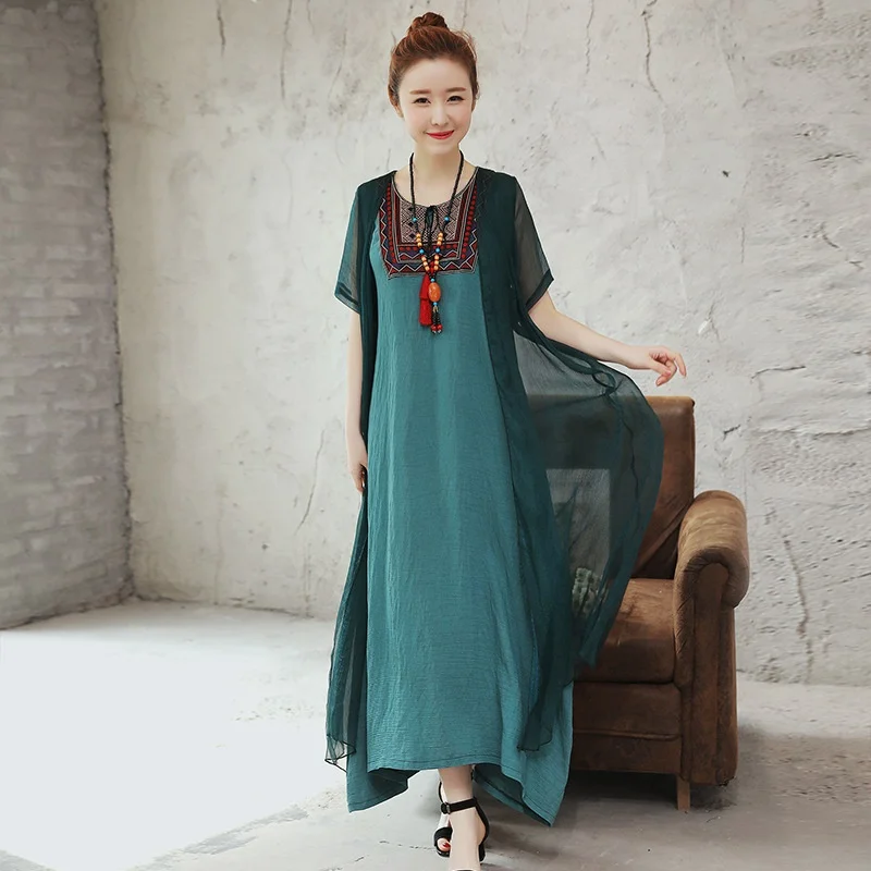 Женское платье в винтажном стиле, коллекция года, летние платья, свободные макси платья из двух частей с вышивкой в стиле ретро, женские элегантные китайские платья TA1534