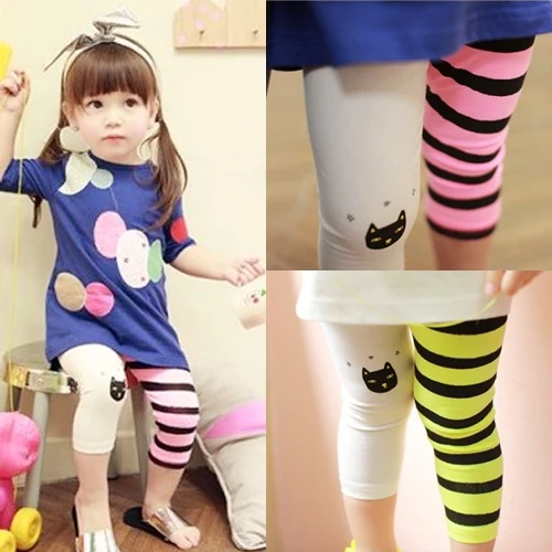 2018 Hot Summer 2-10 Years Baby Kids Children Cat Print Color Patchwork Thin Little Girls Knee Length Leggings Pants Trousers (1)