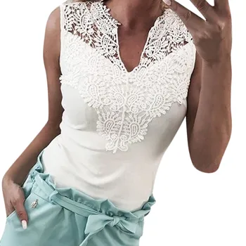 

Fashion t shirt women Solid Lace Sleeveless Patchwork deep V-Neck Shirt high quality women clothes 2019 tshirt