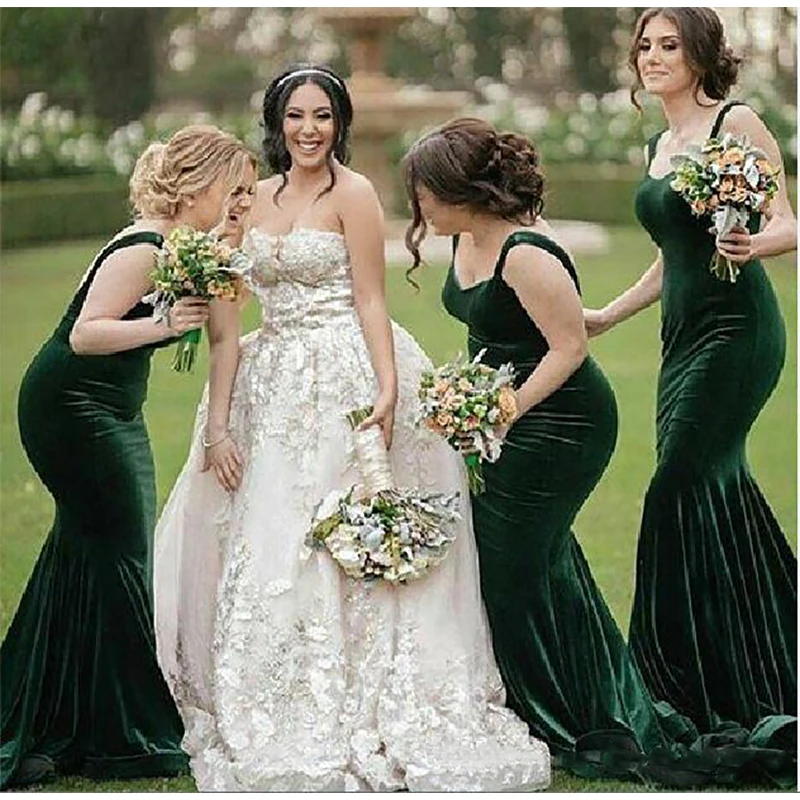 2019 зеленый бархат платье подружки невесты в стиле русалки Спагетти развертки Поезд сад в стиле кантри Вестерн Свадебные Выходное платье