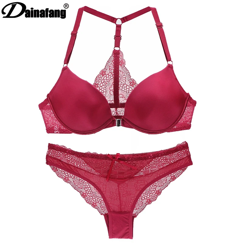 2022 New Sexy Halter Deep V Push Up Bras Set Solid Smooth Bow