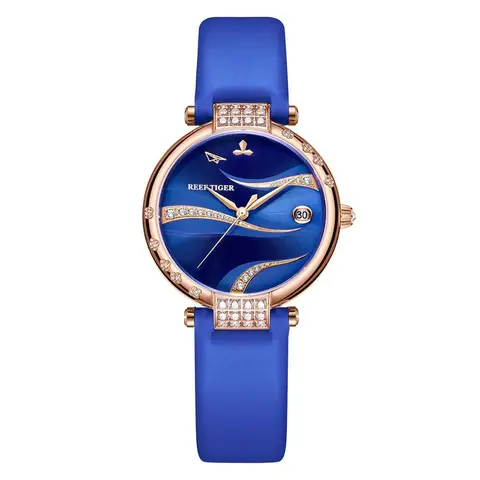Mulheres de Luxo Case de Ouro Pulseira de Couro à Prova Reef Tiger Relógios Automático Rga1589 Criativo Designer Rose d’ Água – rt