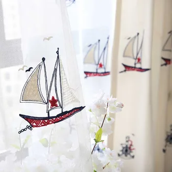 

Custom Curtain Mediterranean cotton embroidered sailboat children room boy bedroom livingroom blackout curtain yarn tulle M190