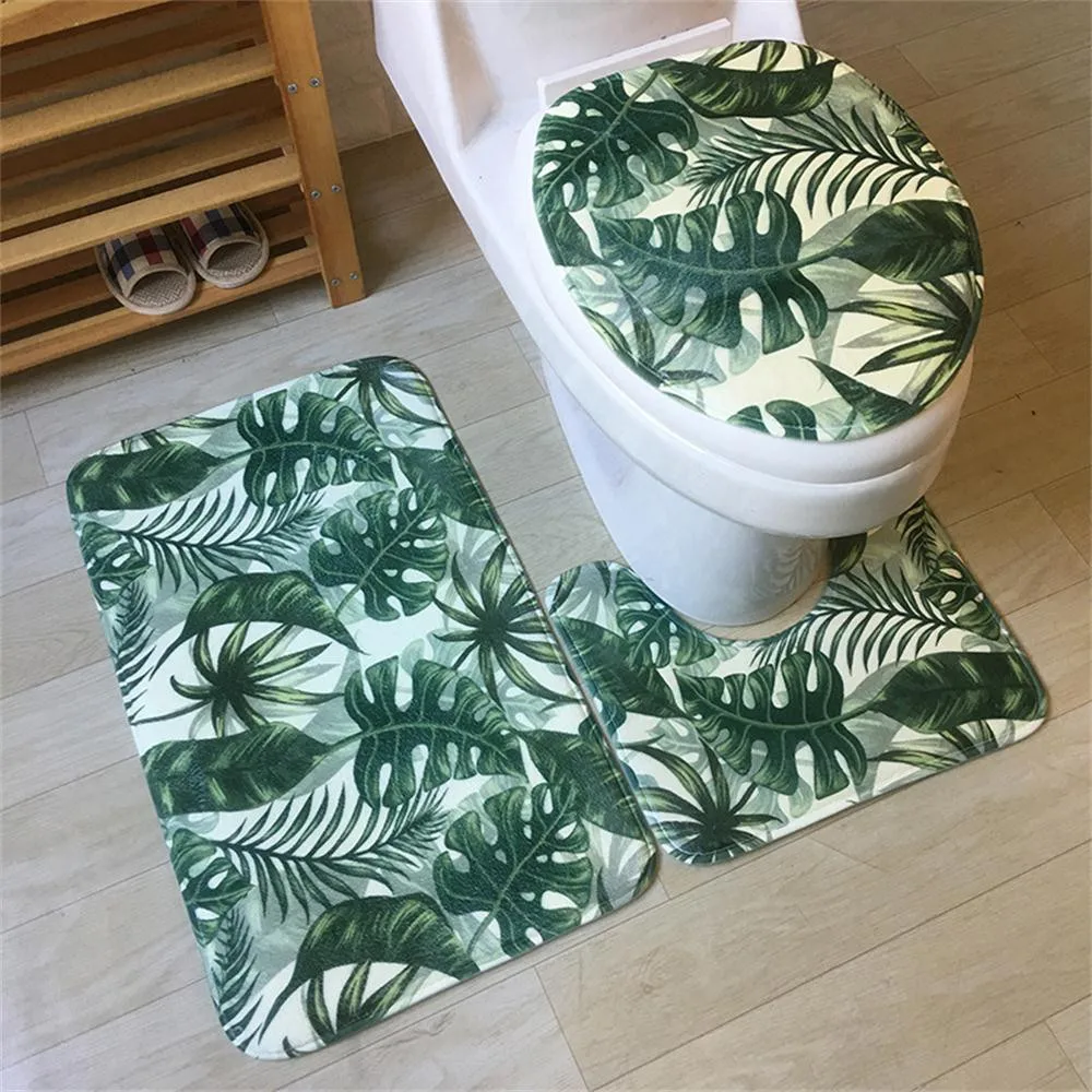 

3pcs Bath Mats set Tropical Anti Slip Bathroom Mat Set Flannel Floor Washable Bathroom Carpet Rug Toilet Lid Cover