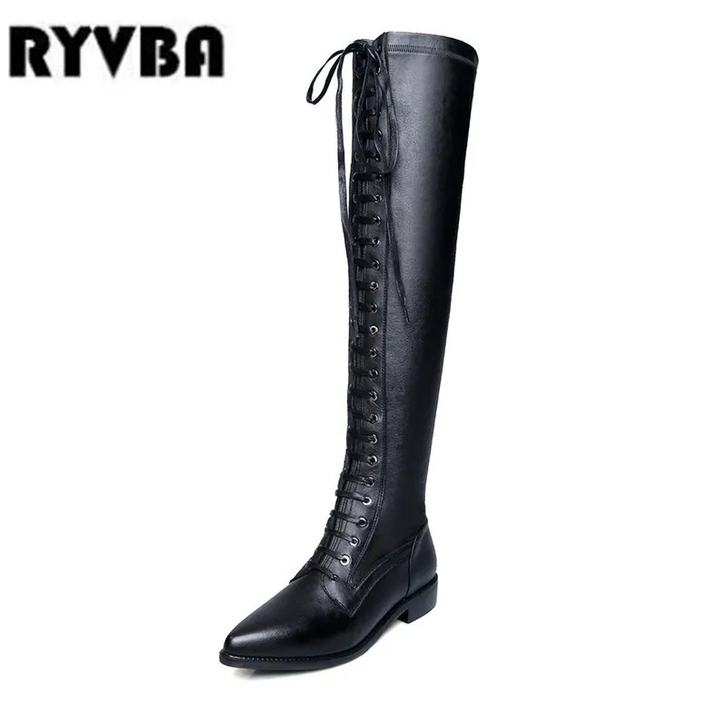 

RYVBA women genuine leather thigh high boots autumn stretch over the knee boots pointed toe cross tied low heels woman shoes