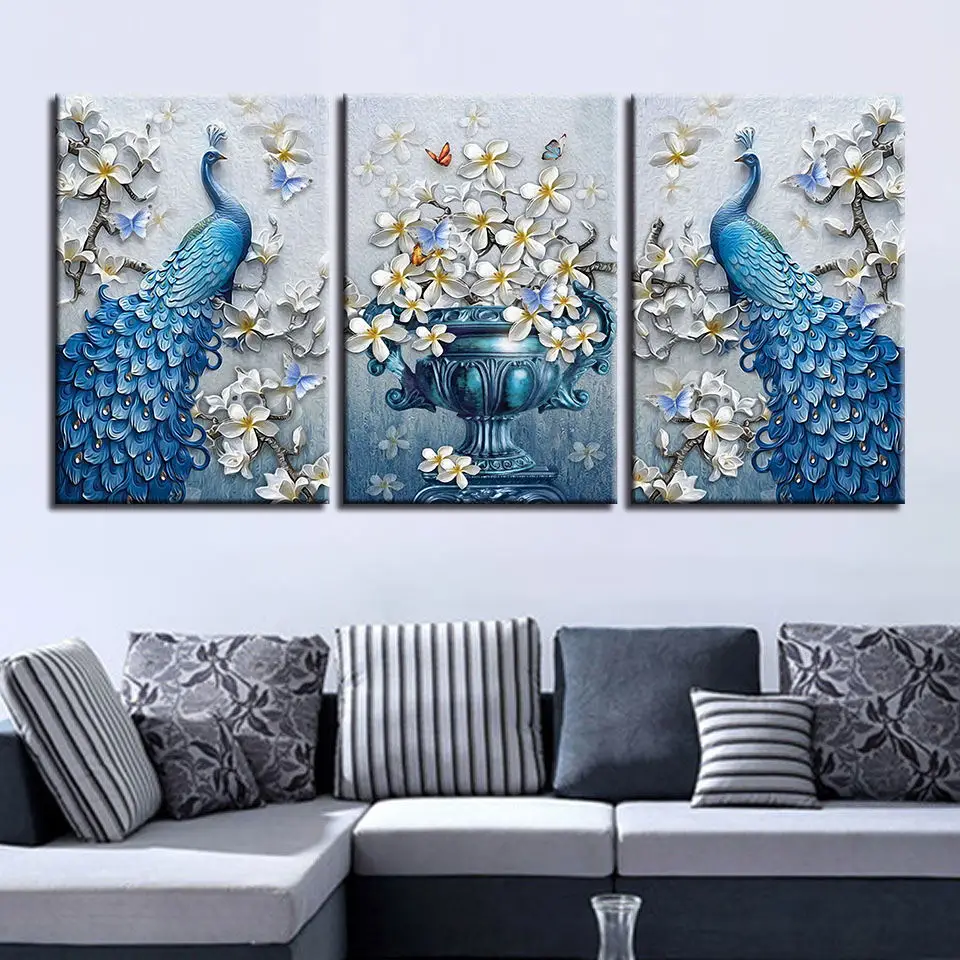 Картина на холсте Декор для гостиной 3 предмета синий павлин картины HD печатает цветок орхидеи плакат с бабочками стены искусства рамки