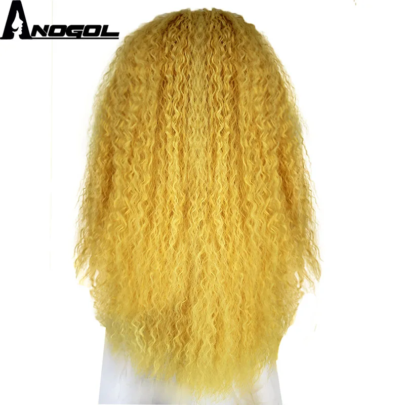 Anogol Yellow Orange Free Part High Temperature Fiber Natural Long Kinky Curly Synthetic Lace Front Wig For African American
