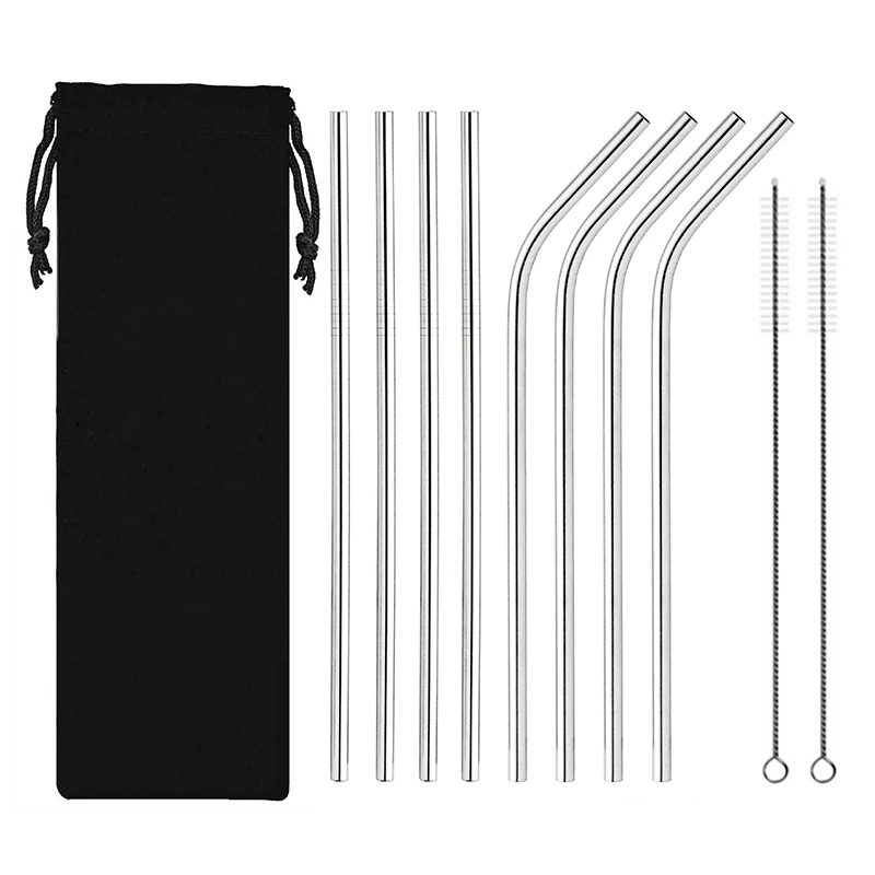 

10 pcs Colorful 304 Stainless Steel Straws Reusable Straight Bent Metal Drinking Milk Straw With Cleaner Brush Set Family Pack