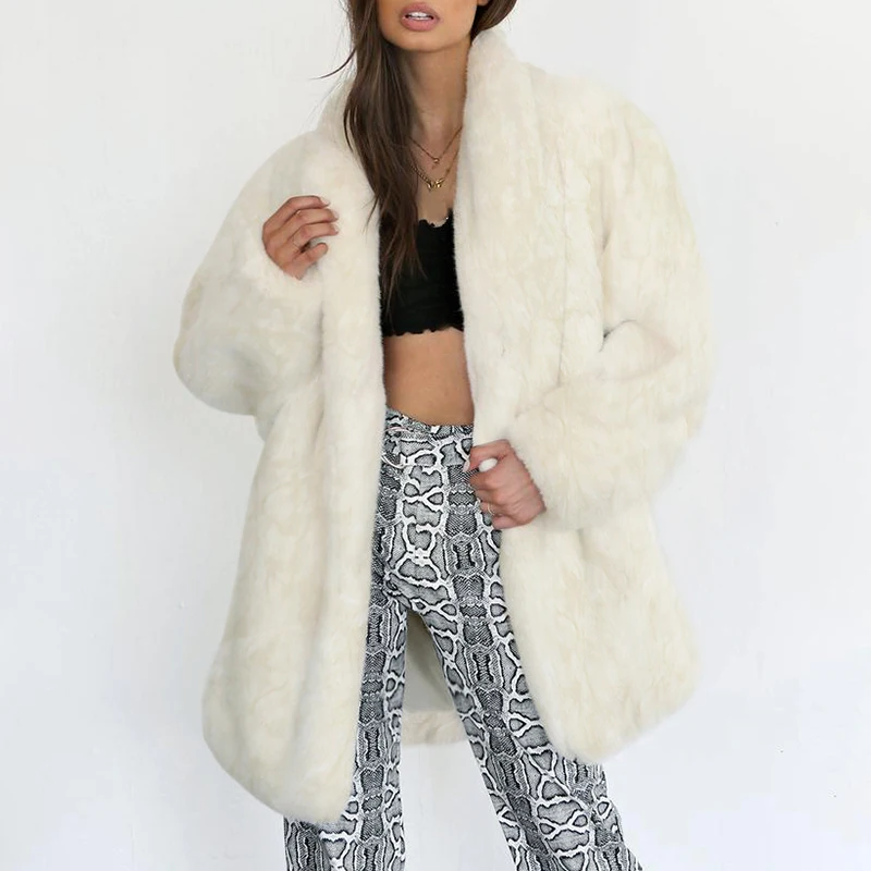 Зимнее осеннее Женское пальто из искусственного меха размера плюс 3XL, Модное теплое свободное белое пальто с длинными рукавами, женская куртка из флока