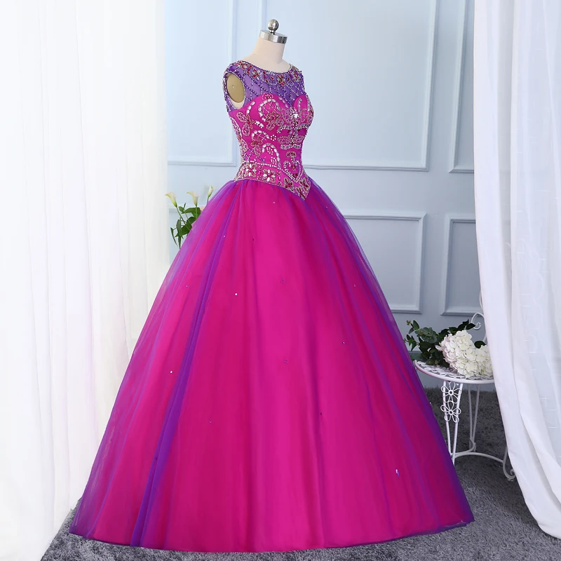 Jeweled beaded Layered Tulle Fuchsia Purple Sweet 16 Ball Gowns Scoop Neckline Green Vestido De Quinceanera