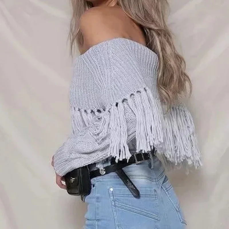 Autumn Winter Sexy Fashion Sweater Pullovers Slash-neck Long-Sleeve Tassel Knitted Sweater Tops B08SW851 Sweaters