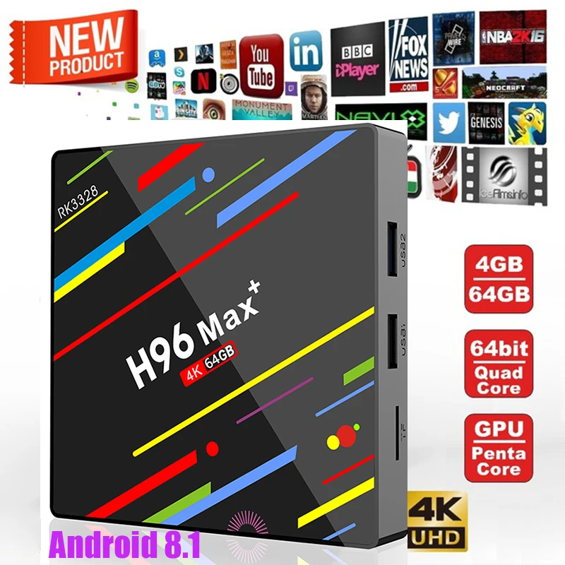 

H96 Max+ MaX Smart TV Box Android 8.1 RK3328 Quad Core 64bit Media Player 4G/64G 2.4G/5GHz Wifi USB3.0 4K Media Player V H96 Pro