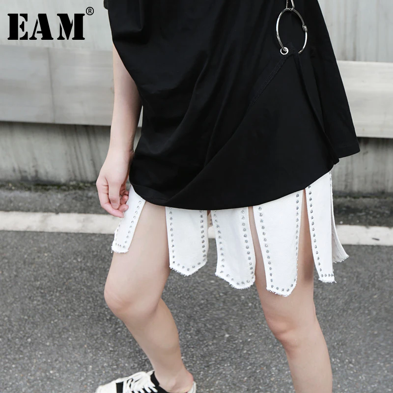 

[EAM] 2019 New Spring Summer High Elastic Waist Irregular Rhinestone Personality Spliced Half-body Skirt Women Fashion JX408