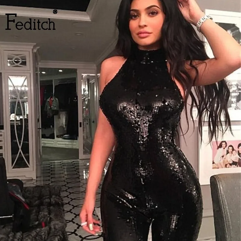

Feditch 2019 spring New Arrival Halter Jumpsuit Women Sexy Stretch Strapless Sequine Bodysuit black Overalls for women