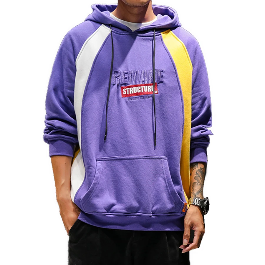 Coreano Uomini di Modo Con Cappuccio Felpa Blocco di Colore Viola Streetwear  Casual Patchwork Mens Felpe Felpe Hiphop Fresco di Stampa|Hoodies \u0026  Sweatshirts| - AliExpress
